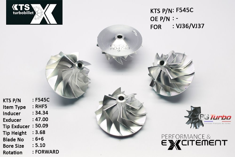 Turbo ROUE FORGÉE MFS PERFORMANCE - 6+6 PALES - INDUCER : 34,34 - EXDUCER : 47 - TYPE : RHF5ANGLE : 65° - ROTATION : Forward - SUPER BACK : 3,74 - BORE SIZE : 5,1
